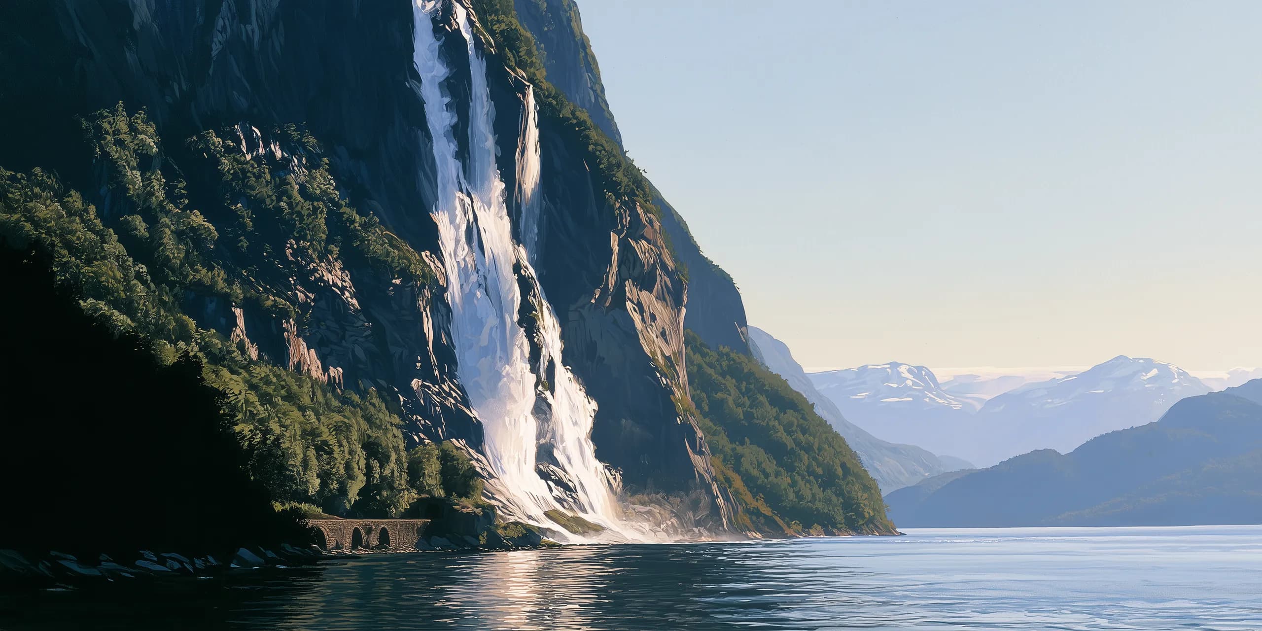 Painting of a waterfall falling down a steep fjord wall to a small stone bridge at the water’s edge, with snow-capped mountains across the fjord
